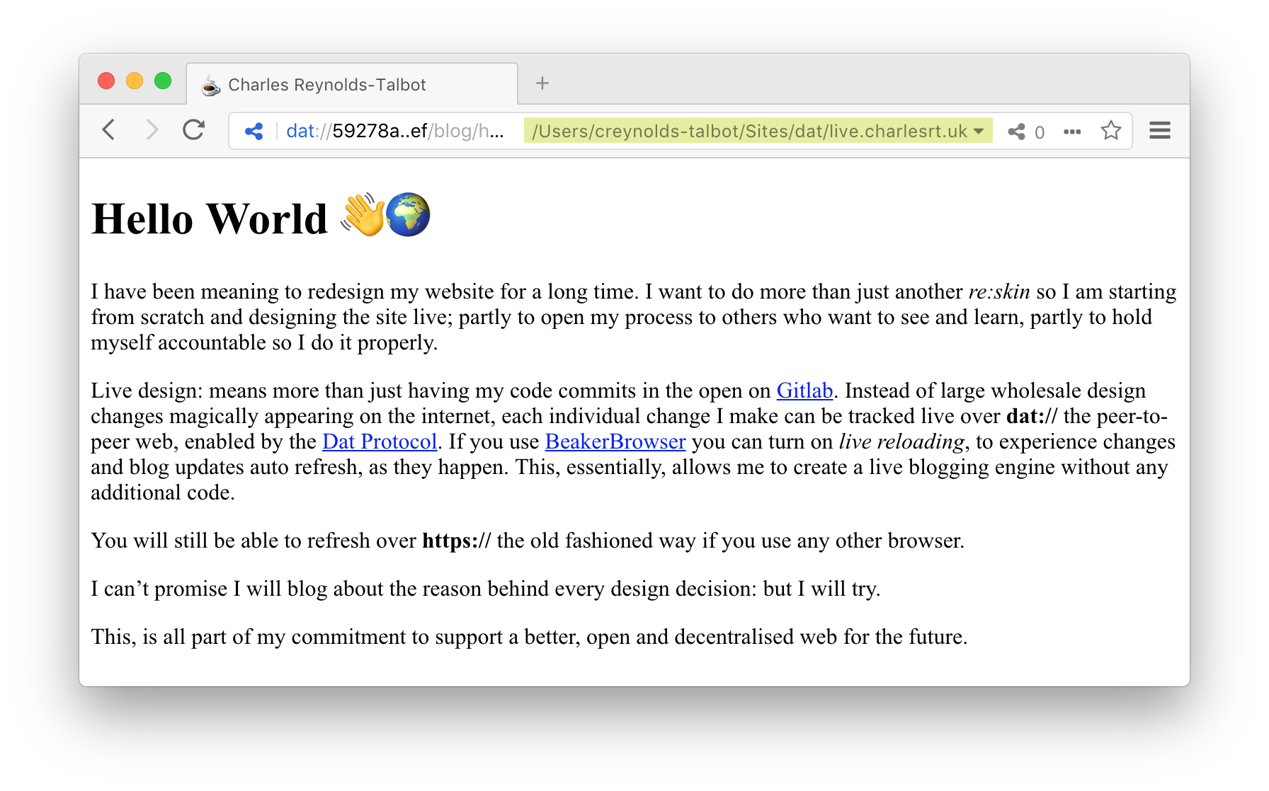 A screenshot of my zero dawn refresh served over the peer-to-peer web via Beaker Browser. It works!